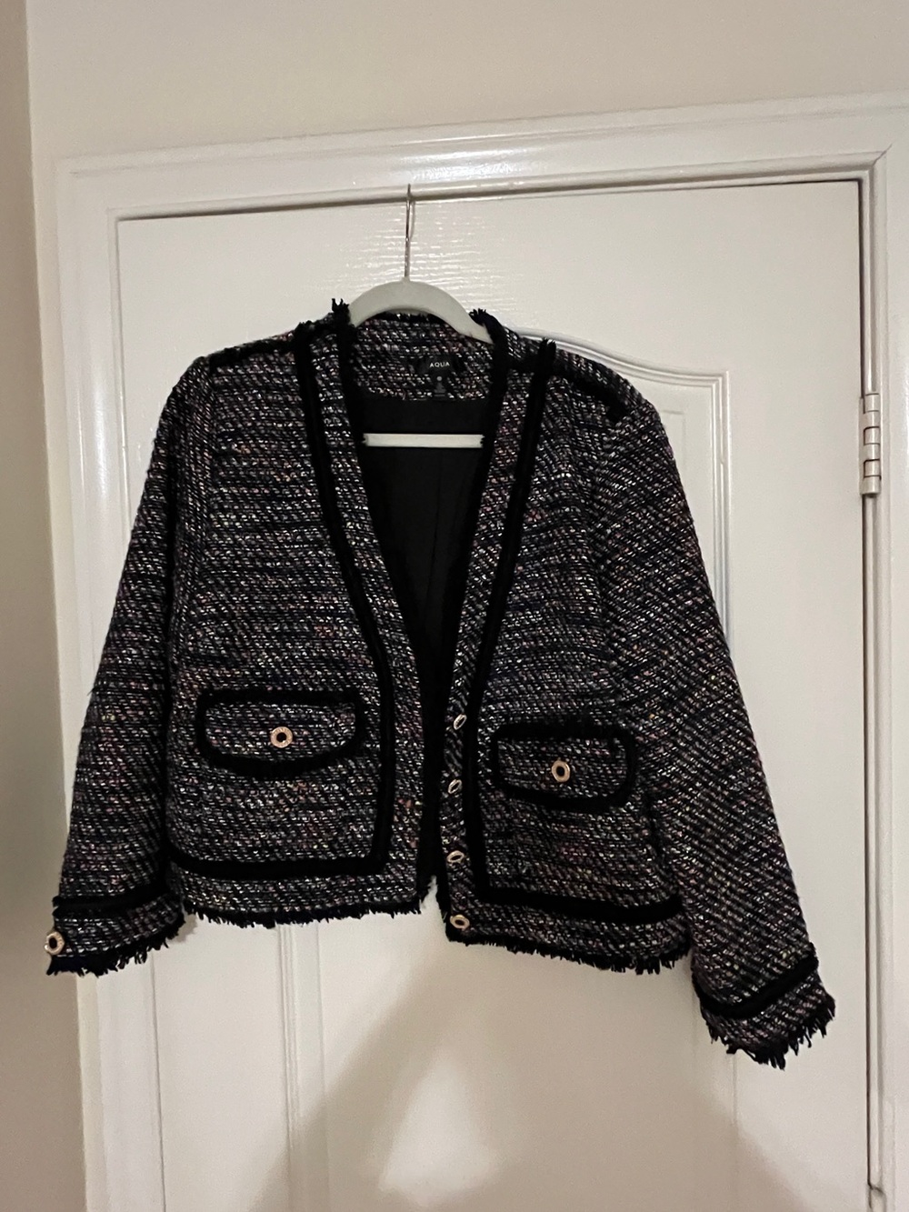 Aqua Black Multi Tweed Bouclé Cropped Jacket